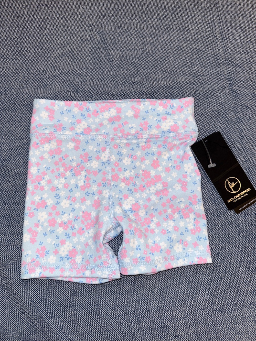 90 Degree By Reflex Light Blue Floral Bike Shorts with Pink & White Flowers
